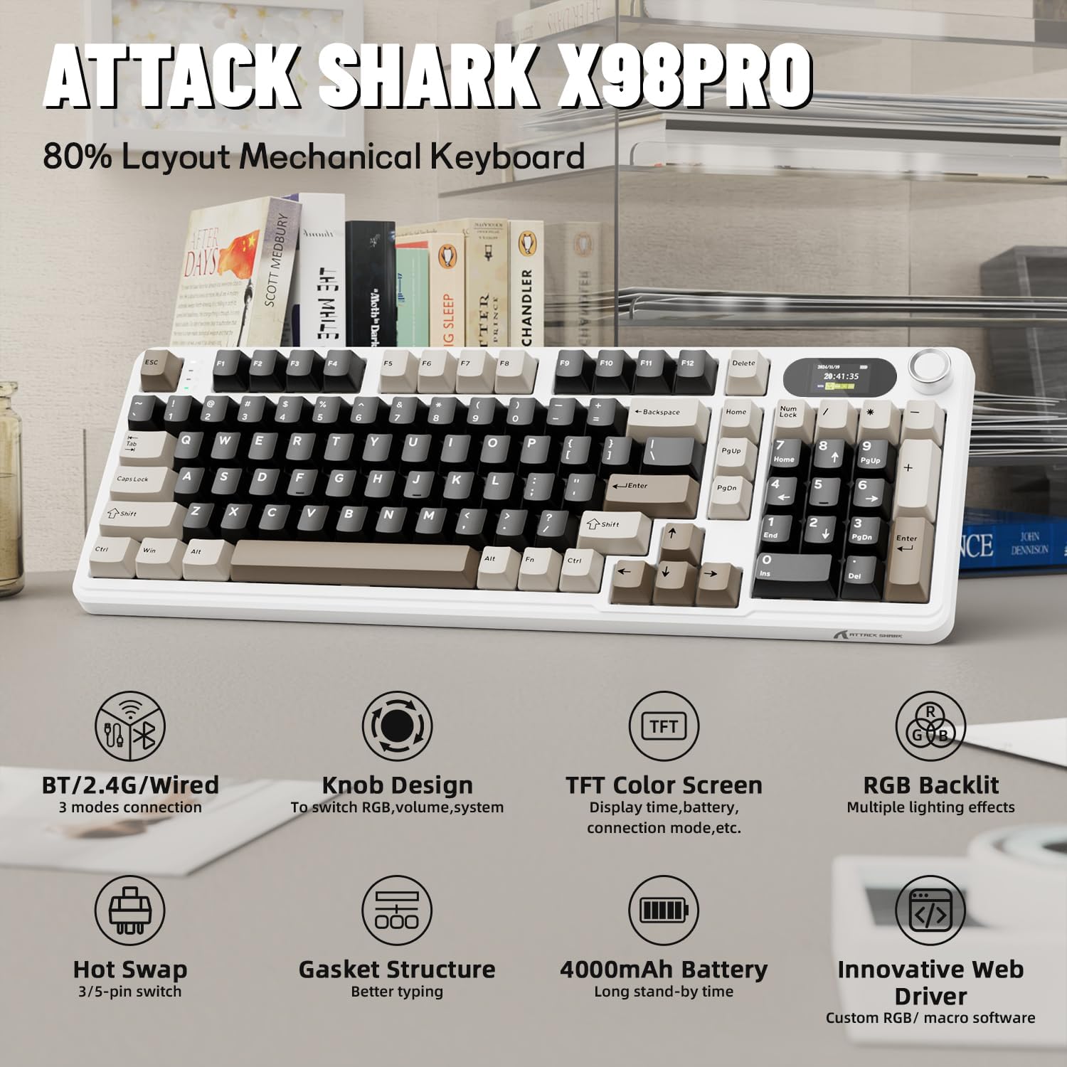 Keyboard Gaming Mac - ATTACK SHARK X98Pro คีย์บอร์ดไร้สายพร้อมหน้าจอและลูกบิด, ปะเก็น Tri-โหมด