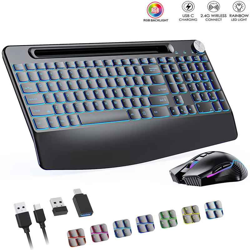 Gaming Keyboard Mouse Combo - 2.4G และ Type-C คีย์บอร์ดไร้สายเมาส์ Combo พร้อมสายรัดข้อมือ,RGB
