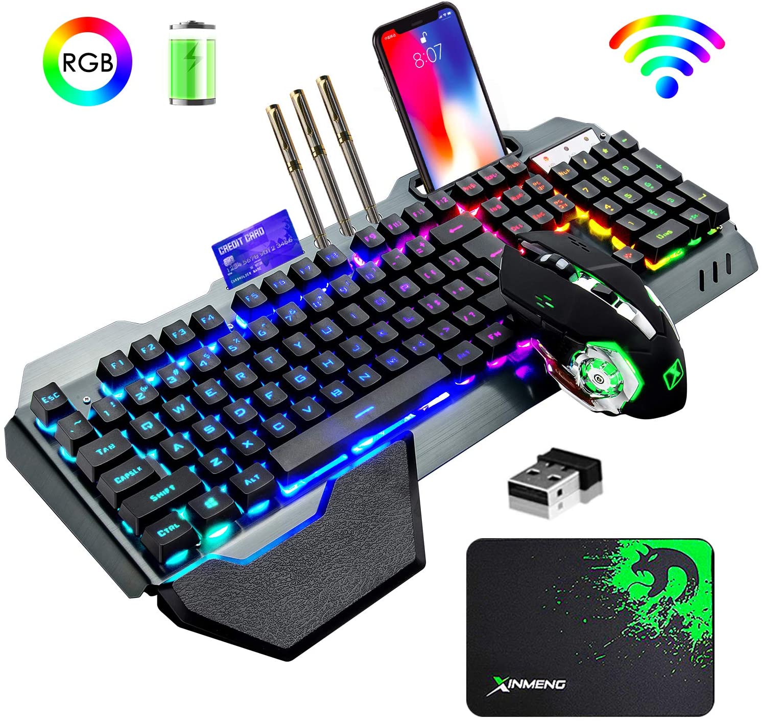 Gaming Keyboard Mouse Combo - K680 คีย์บอร์ดเกมไร้สายและเมาส์ Combo,Rainbow LED Backlit คีย์บอร์ดแบบชาร์จไฟได้