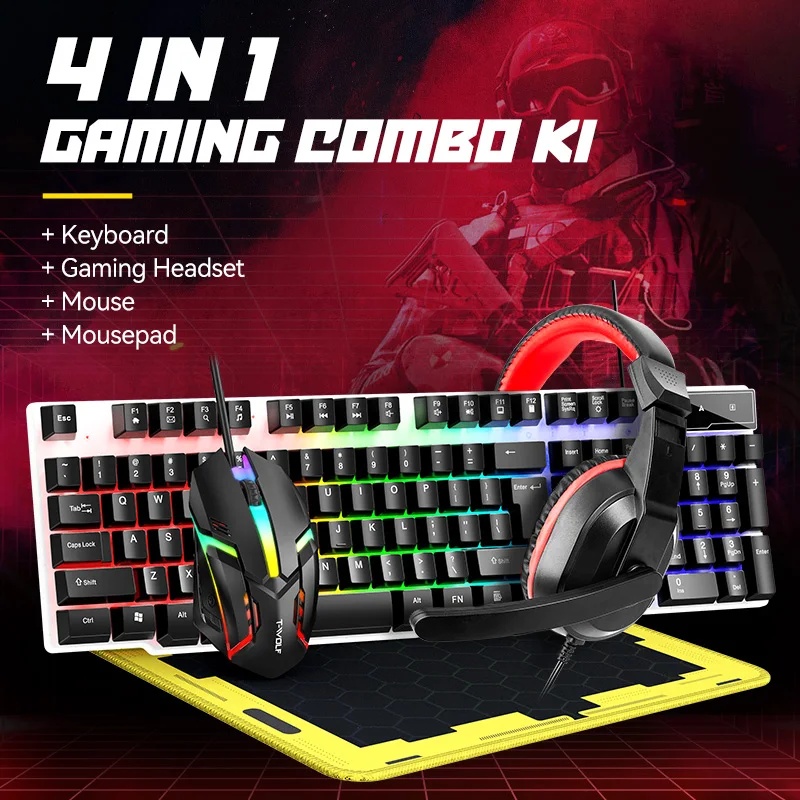 Gaming Keyboard Mouse Combo - ชุดคีย์บอร์ดและเมาส์ USB ใหม่สำหรับเล่นเกม 4 in 1